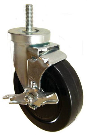 5" x 1-1/4" Hard Rubber Wheel (ball bearings) Swivel Caster with 1/2" Threaded Stem & Brake (1-1/2" Stem Length) - 350 Lbs Capacity