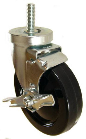 5" x 1-1/4" Soft Rubber Wheel Caster with 1/2" x 1-1/2" Long Threaded Stem & Brake - 175 Lbs Capacity