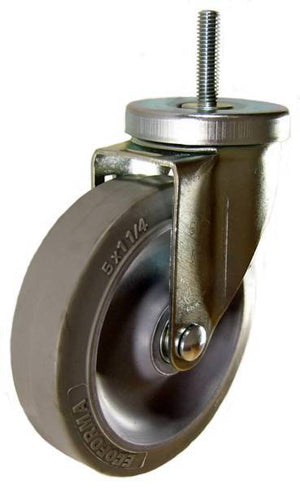 5" x 1-1/4" Thermoplastic Rubber Wheel (ball bearings) Swivel Caster with 3/8" Threaded Stem - 250 Lbs Capacity