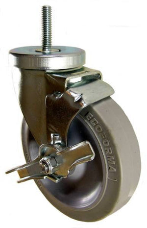 5" x 1-1/4" Thermoplastic Rubber Wheel (ball bearings) Swivel Caster with 3/8" Threaded Stem & Brake - 250 Lbs Capacity