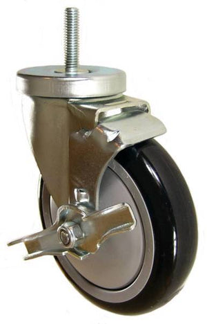5" x 1-1/4" Polyurethane Wheel Swivel Caster with 3/8" Threaded Stem & Brake - 350 Lbs Capacity