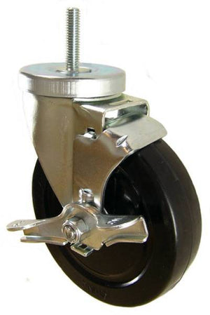 5" x 1-1/4" Soft Rubber Wheel (ball bearings) Swivel Caster with 3/8" Threaded Stem & Brake - 350 Lbs Capacity