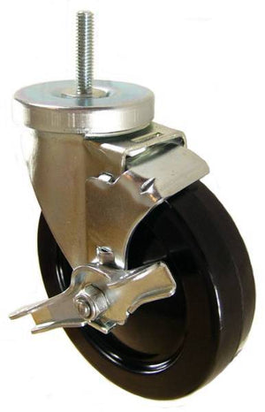 5" x 1-1/4" Soft Rubber Wheel Caster with 3/8" x 1-1/2" Long Threaded Stem & Brake - 350 Lbs Capacity